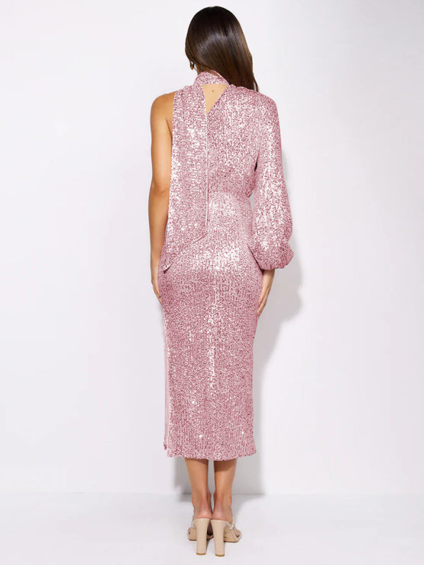 BerryBetty - Women's scarf slit evening dress one shoulder sequins
