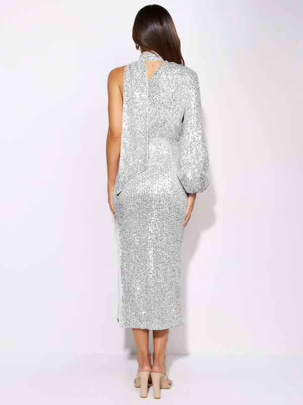 BerryBetty - Women's scarf slit evening dress one shoulder sequins