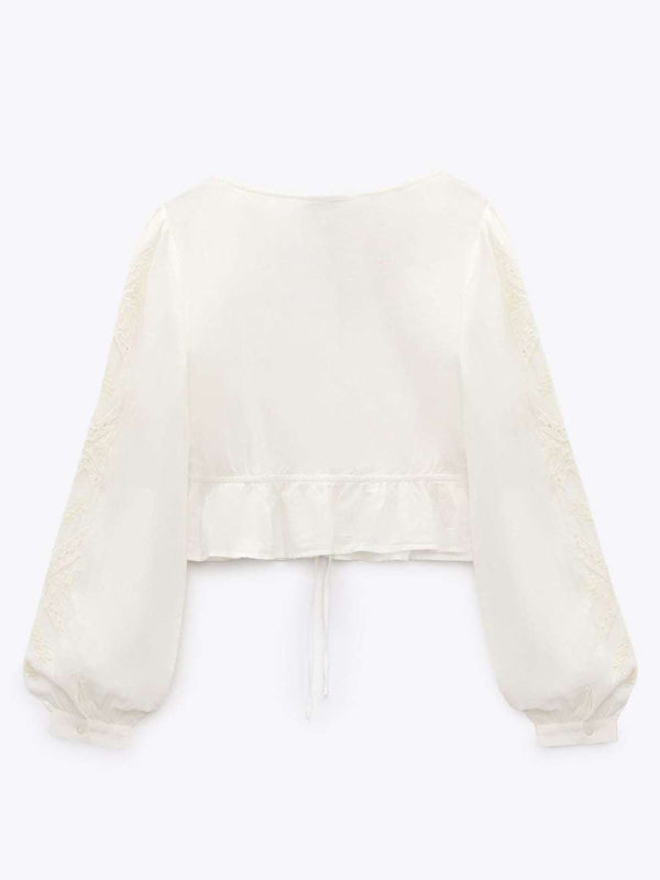 BerryBetty - Women's Cotton Shirt new V-neck retro sweet shirt embroidered drape Long Sleeve Crop Top