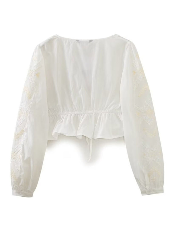 BerryBetty - Women's Cotton Shirt new V-neck retro sweet shirt embroidered drape Long Sleeve Crop Top