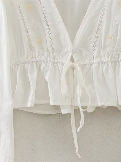 Women's Cotton Shirt new V-neck retro sweet shirt embroidered drape Long Sleeve Crop Top White clothes crop top crop tops cropped top croptop long sleeve shirt long sleeve shirts long sleeve top long sleeve tops shirt shirts top tops