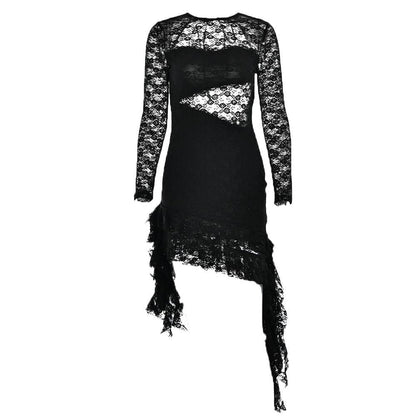 BerryBetty - Lace backless solid ruffle long sleeve irregular mini dress
