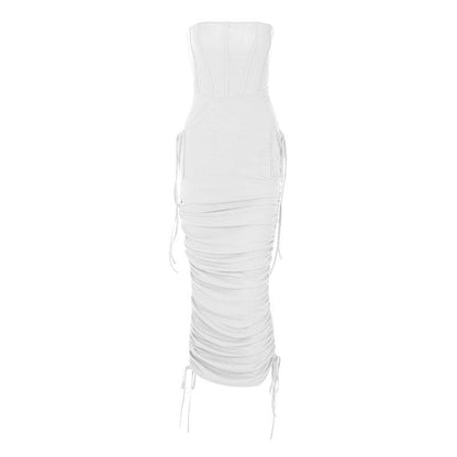 BerryBetty - Ruched backless solid drawstring tube midi dress