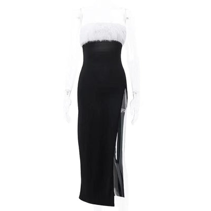 BerryBetty - Fluffy contrast slit backless zip-up tube midi dress