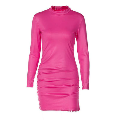 BerryBetty - Ruched solid long sleeve high neck mini dress