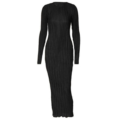 BerryBetty - Long sleeve crewneck ruffle textured solid maxi dress