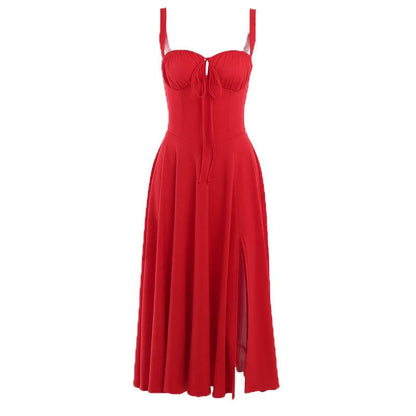 BerryBetty - Ruched solid sweetheart neck slit sleeveless midi dress