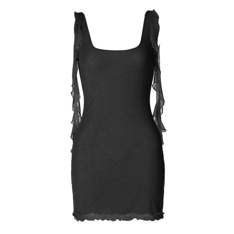 BerryBetty - Square neck sheer mesh backless ruffle ribbon solid mini dress