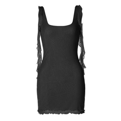 BerryBetty - Square neck sheer mesh backless ruffle ribbon solid mini dress