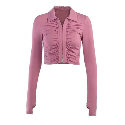 BerryBetty - Long sleeve solid ruched turnover collar button crop top