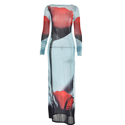 BerryBetty - Sheer mesh see through abstract contrast long sleeve slit maxi dress