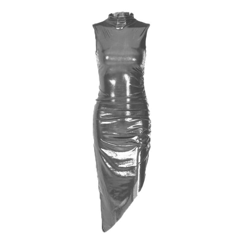 BerryBetty - Metallic irregular high neck sleeveless ruched midi dress