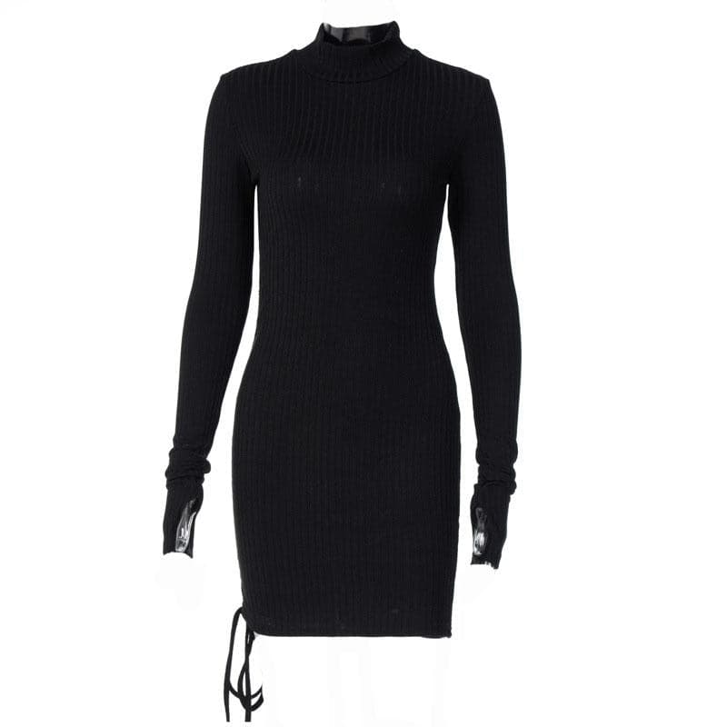 BerryBetty - Long sleeve gloves solid drawstring high neck mini dress