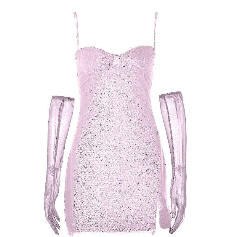 BerryBetty - Textured mesh gloves sweetheart neck zip-up slit cami mini dress