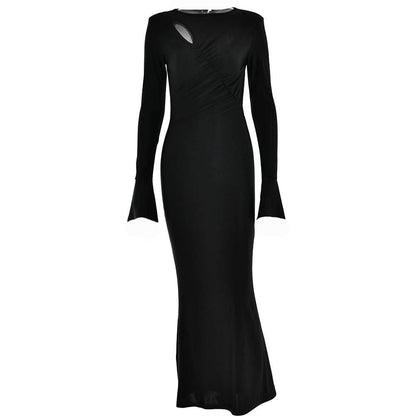 BerryBetty - Ruched solid hollow out irregular long sleeve maxi dress