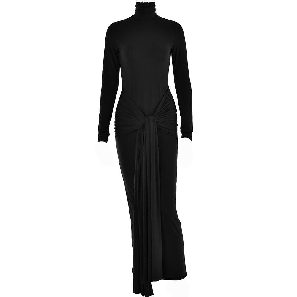 BerryBetty - Ruched solid long sleeve turtle neck self tie maxi dress