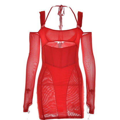 BerryBetty - Gloves mesh corset off shoulder hollow out long sleeve halter mini dress