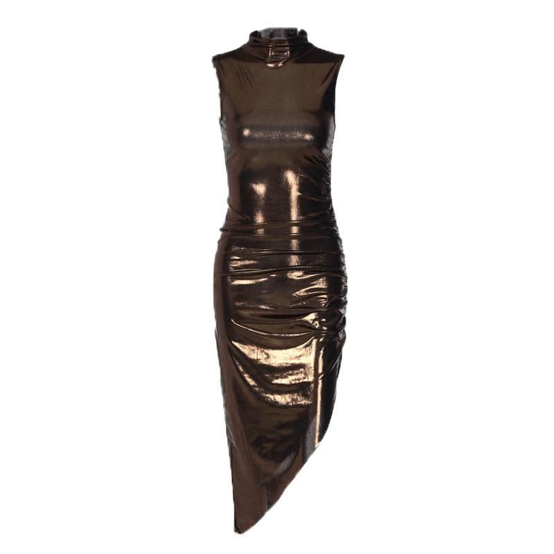 BerryBetty - Metallic irregular high neck sleeveless ruched midi dress