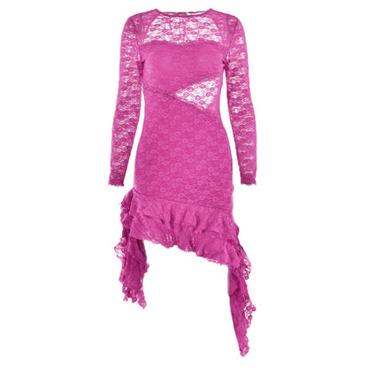 BerryBetty - Lace backless solid ruffle long sleeve irregular mini dress