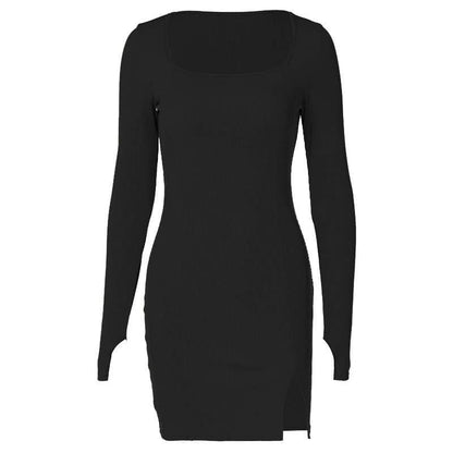 BerryBetty - Ribbed solid square neck long sleeve gloves slit mini dress