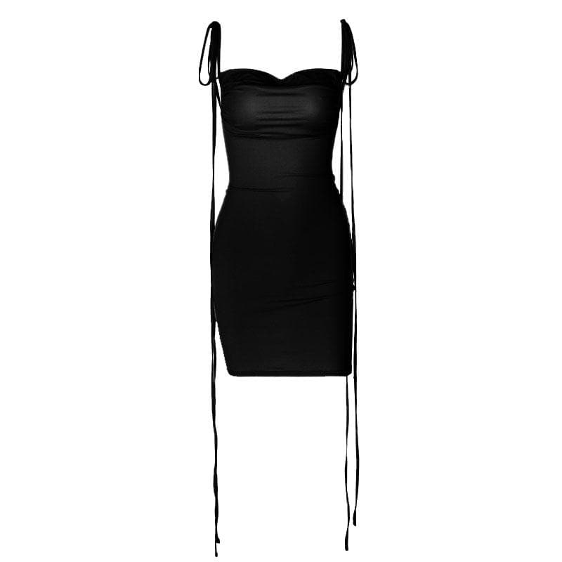 BerryBetty - Ruched backless cowl neck solid self tie mini dress