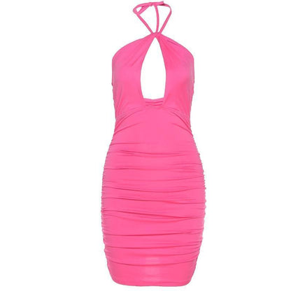 Hollow out ruched halter tie back bodycon dress - Halibuy