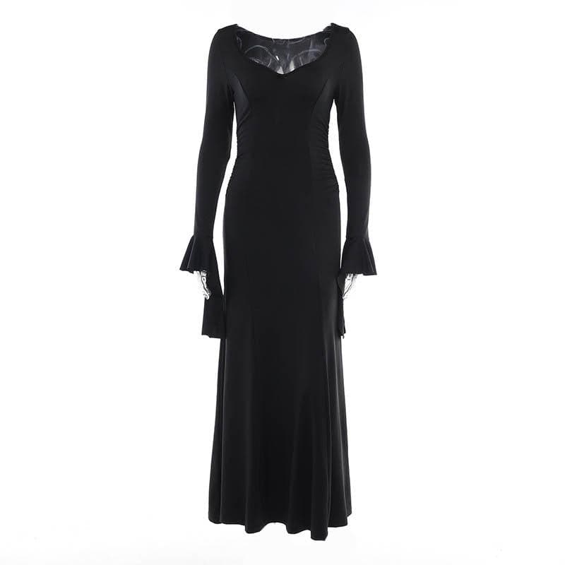 BerryBetty - Long flared sleeve solid v neck ruched maxi dress