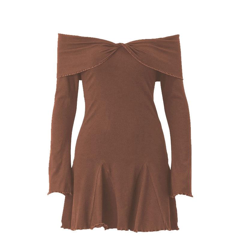 BerryBetty - Long sleeve ruffle off shoulder solid ruched mini dress