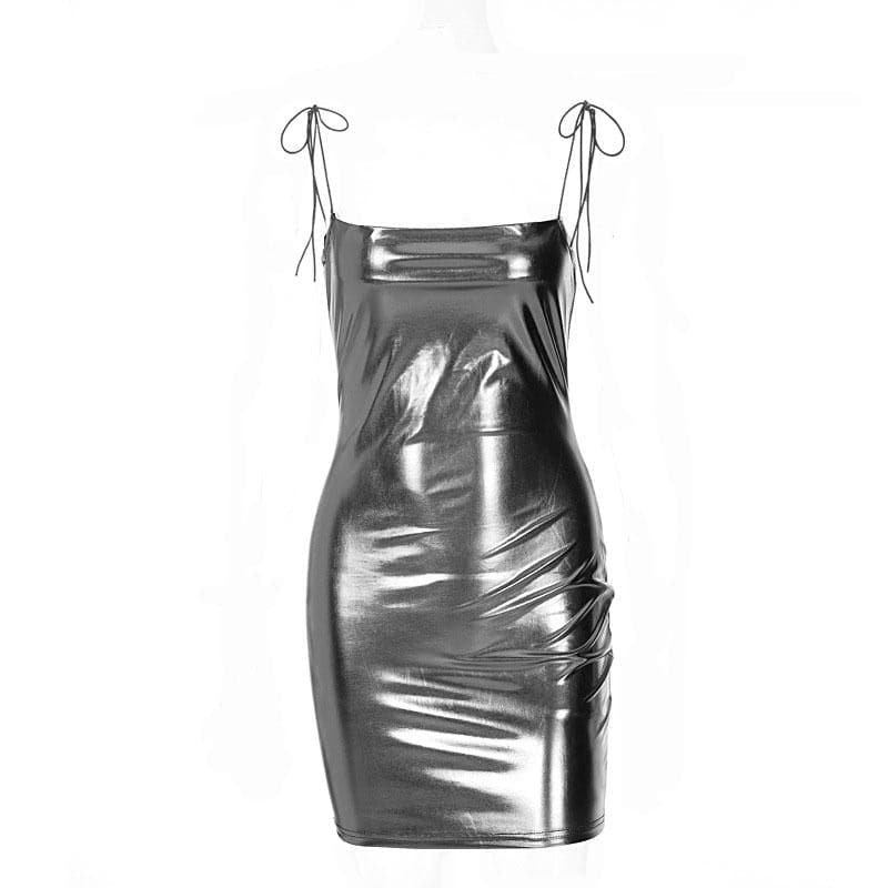 BerryBetty - Sleeveless solid PU leather self tie backless mini dress