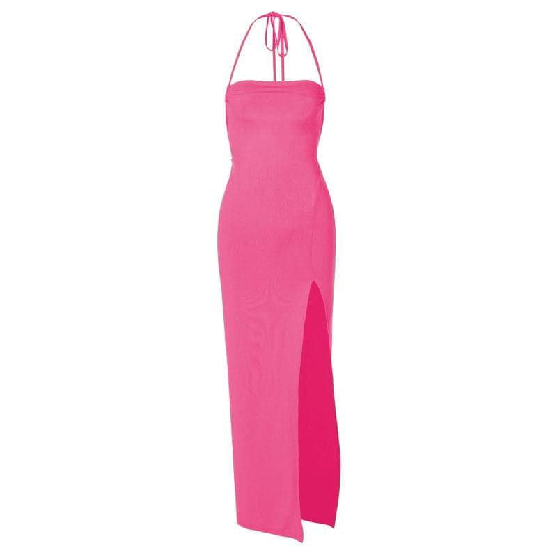 BerryBetty - Sleeveless solid halter slit self tie backless midi dress