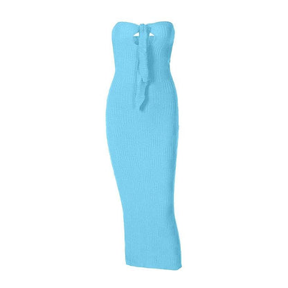 BerryBetty - Hollow out knitted backless self tie solid textured tube maxi dress