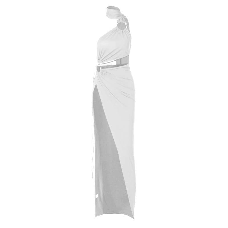 BerryBetty - Halter o ring irregular solid backless ruched slit maxi dress