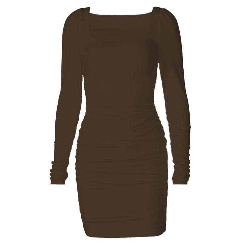 BerryBetty - Long sleeve solid square neck ruched mini dress