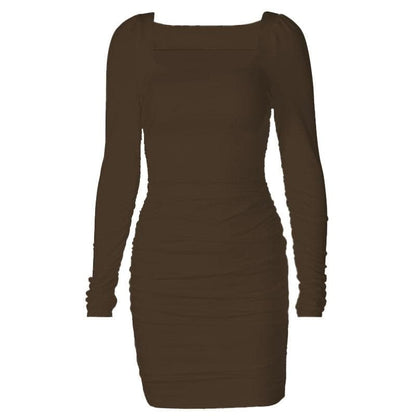 BerryBetty - Long sleeve solid square neck ruched mini dress