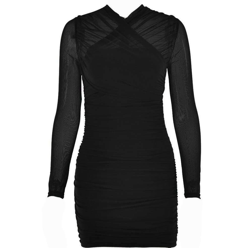 BerryBetty - Cross front mesh ruched zip-up long sleeve solid mini dress