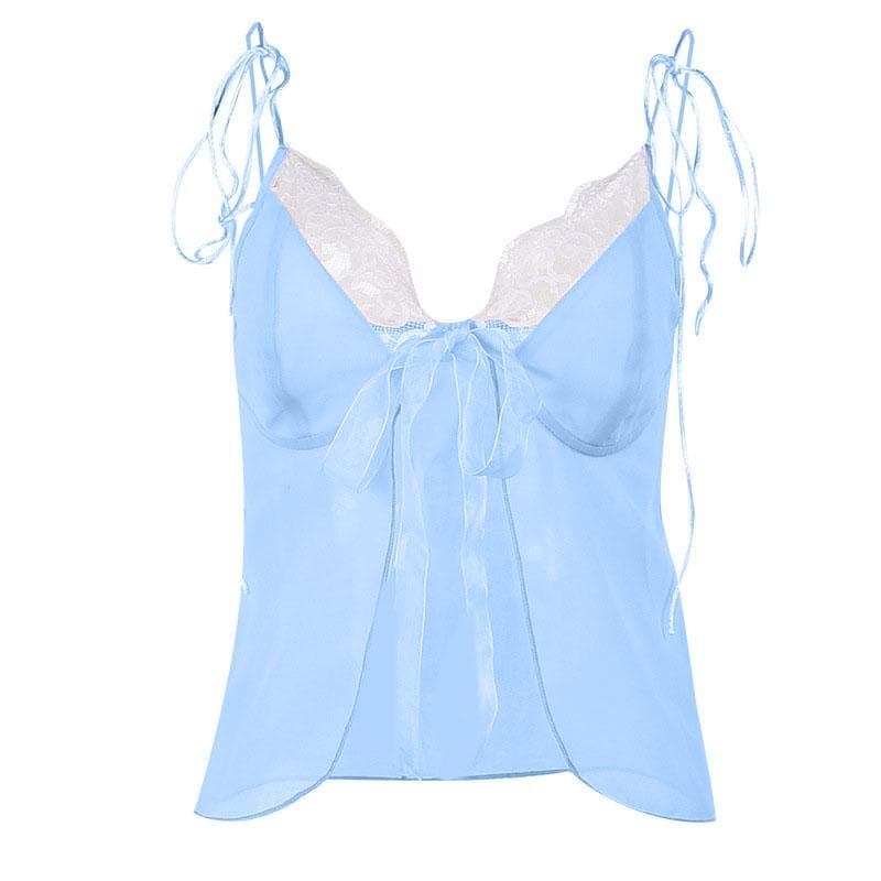 BerryBetty - Lace hem backless chiffon self tie contrast crop top