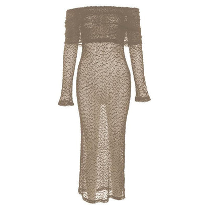 BerryBetty - Textured glitter off shoulder long sleeve see through maxi dress