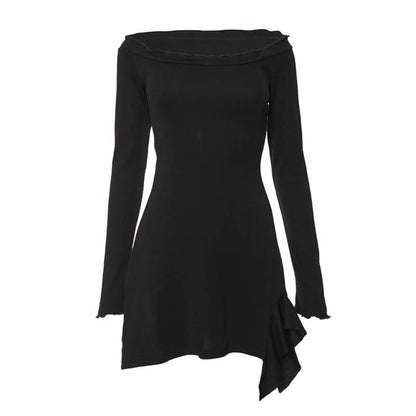 BerryBetty - Ruffle solid long sleeve irregular off shoulder mini dress