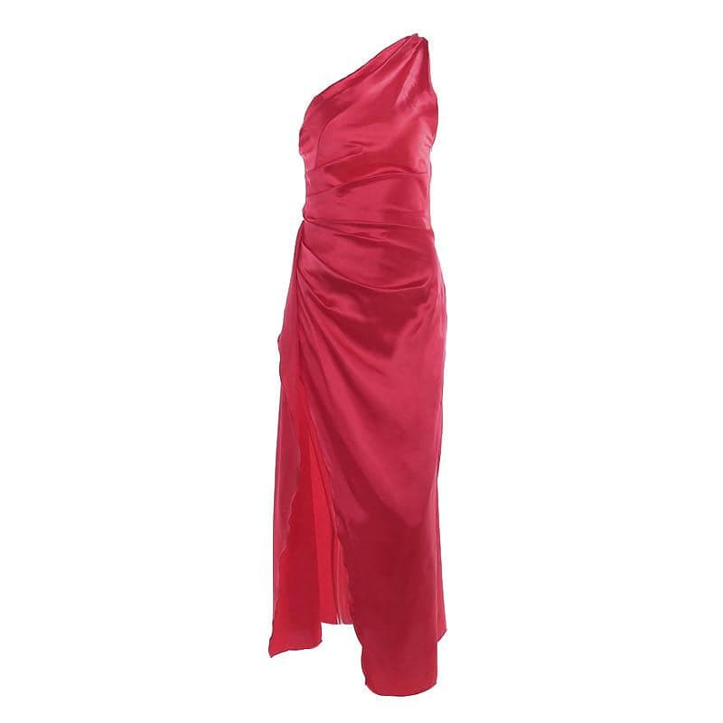 BerryBetty - Slit solid satin one shoulder irregular ruched maxi dress