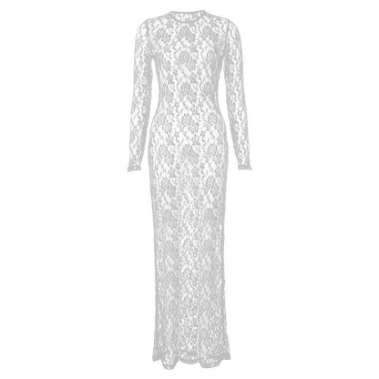 BerryBetty - Lace see through long sleeve solid crewneck maxi dress