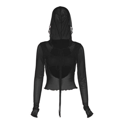 BerryBetty - Long sleeve solid mesh hoodie self tie hollow out crop top