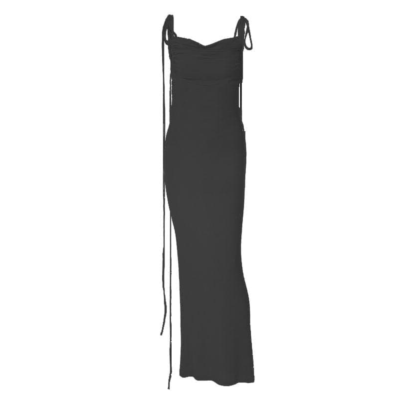 BerryBetty - Ruched solid lace up backless cowl neck maxi dress