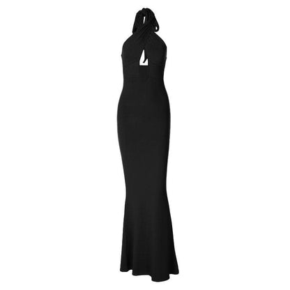 BerryBetty - Cross front solid hollow out halter backless 2-way maxi dress