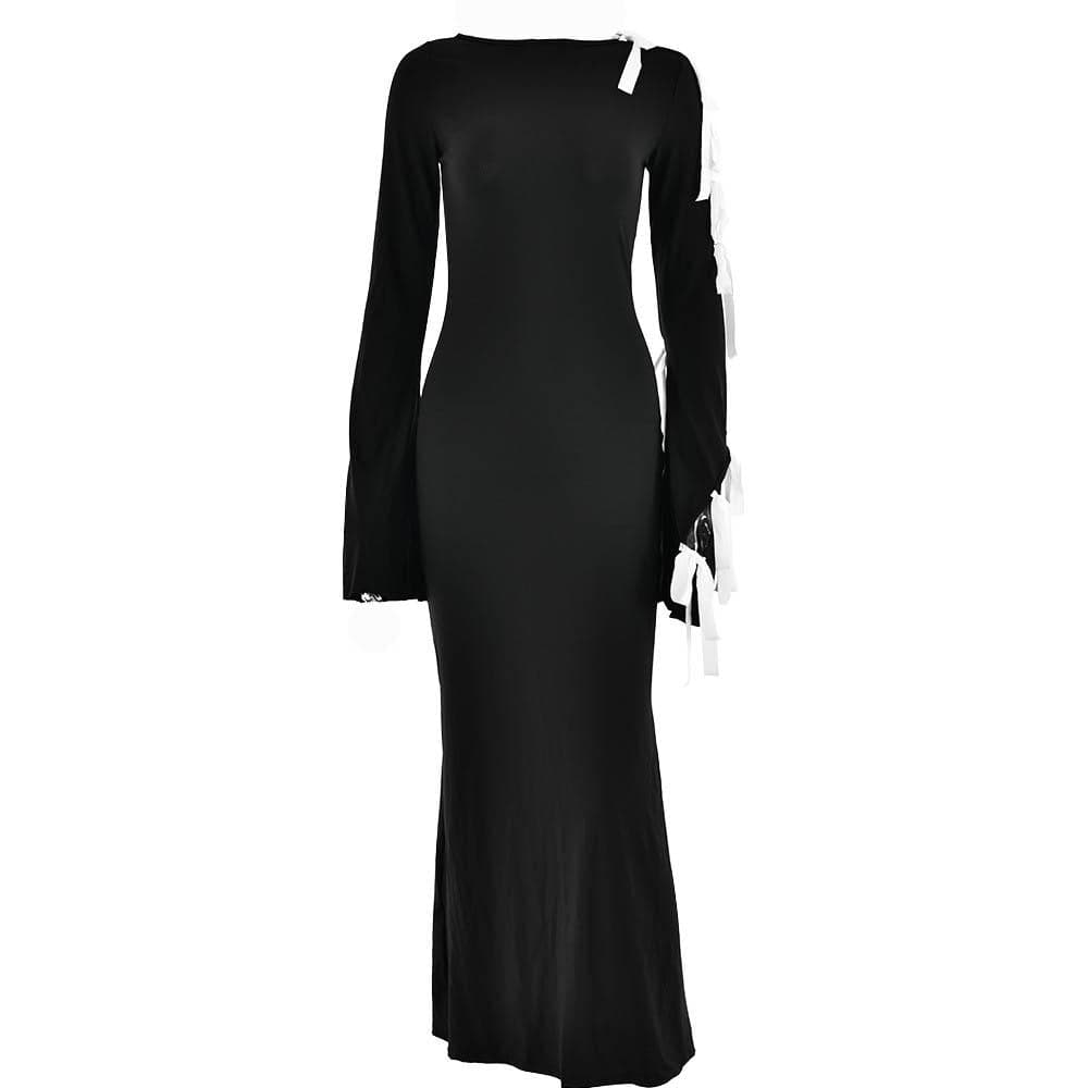 BerryBetty - Self tie irregular contrast long sleeve slit maxi dress