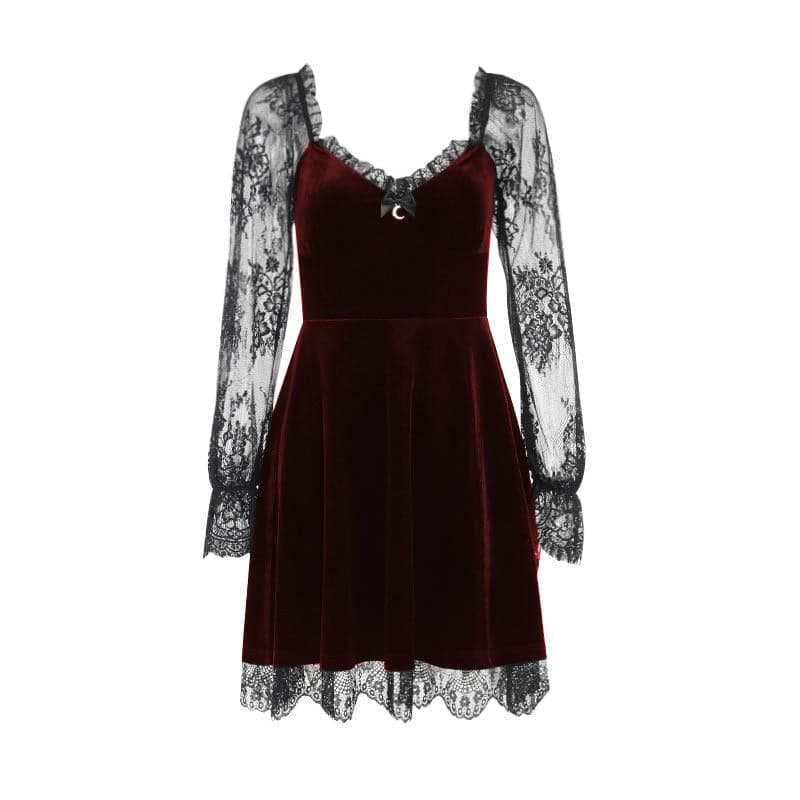 BerryBetty - Velvet lace patchwork long sleeve contrast mini dress