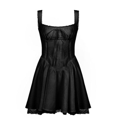 BerryBetty - Zip-up lace hem ruched square neck backless solid mini dress