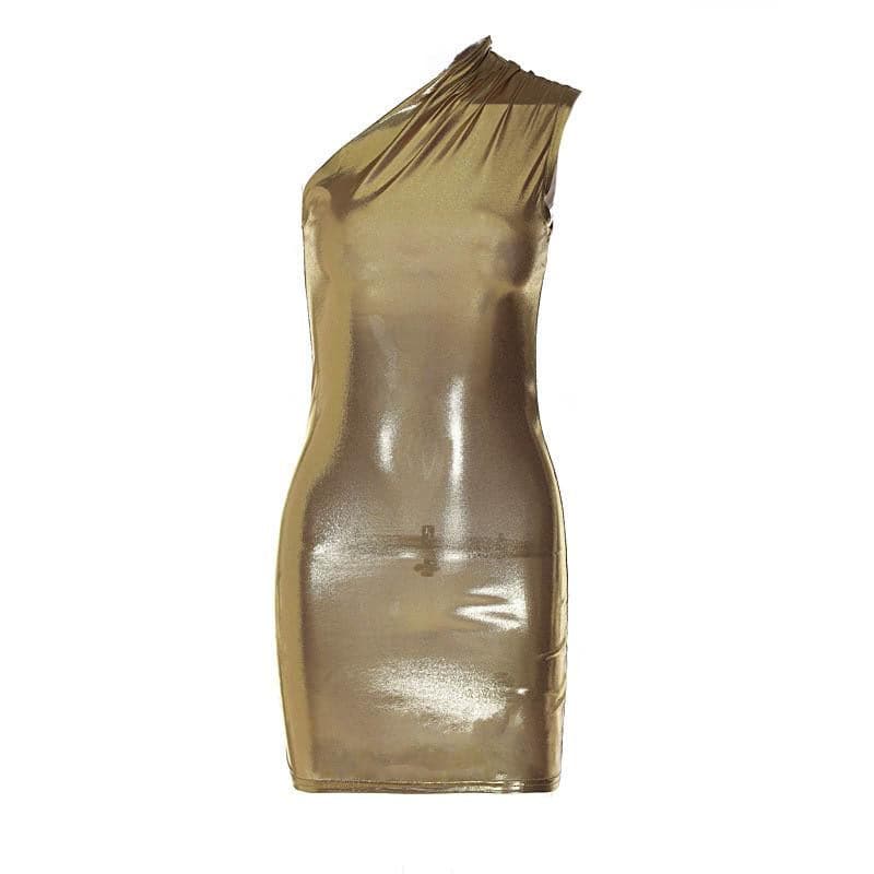 BerryBetty - Metallic one shoulder ruched sleeveless irregular mini dress