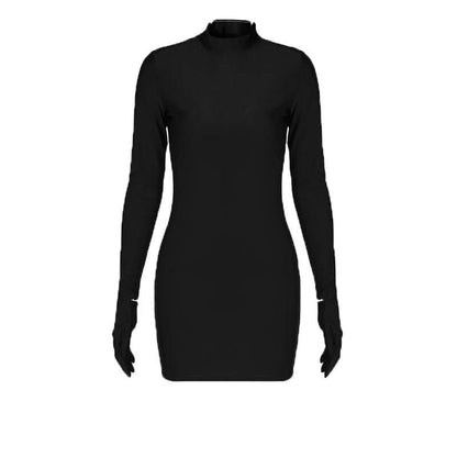 BerryBetty - High neck long sleeve gloves solid mini dress