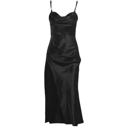 BerryBetty - Sleeveless solid satin cowl neck slit backless zip-up cami dress