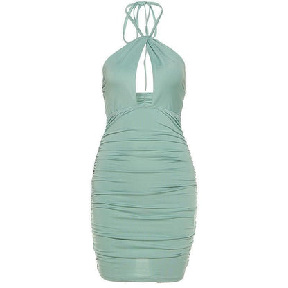 Hollow out ruched halter tie back bodycon dress - Halibuy